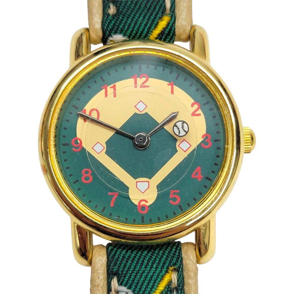 Vintage Accutime Baseball Diamond Theme Watch Green Japan Movt Leather Strap